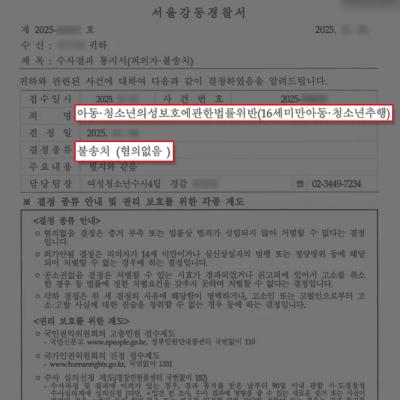 미성년자강제추행 혐의, 무혐의 불송치
